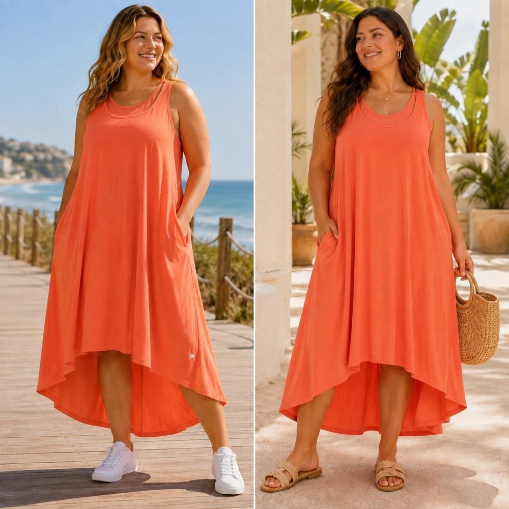 Halara Breezeful Women's L Peach Coral Racerback High Low Midi Dress Athleisure